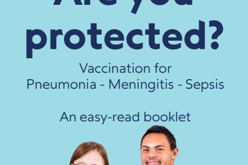 blue background poster showing a picture of two people and words about vaccinations. This poster is promoting this easy-read booklet